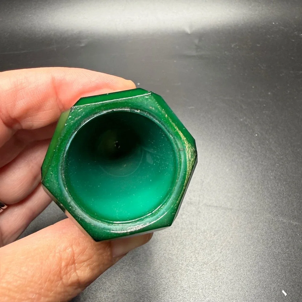 Vintage Malachite Glass Bud Vase Emerald Green Art Deco Hexagonal Tiered 4 inch